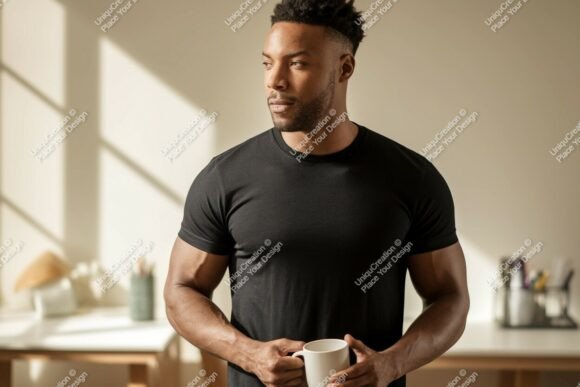 Download Black T-shirt Mockup Man Holding Mug Ima - Man Collection