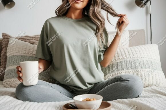 Download Woman Wearing Green T Shirt Holding Mug - Man Collection